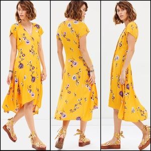 Free People Golden Yellow Floral Wrap High Low Midi Maxi Dress